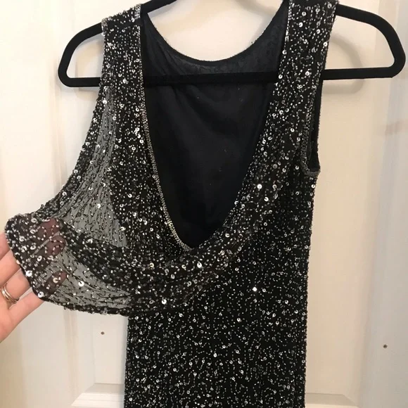 Vintage Black Beaded Backless Dress Front Slit - Picture 5 of 7